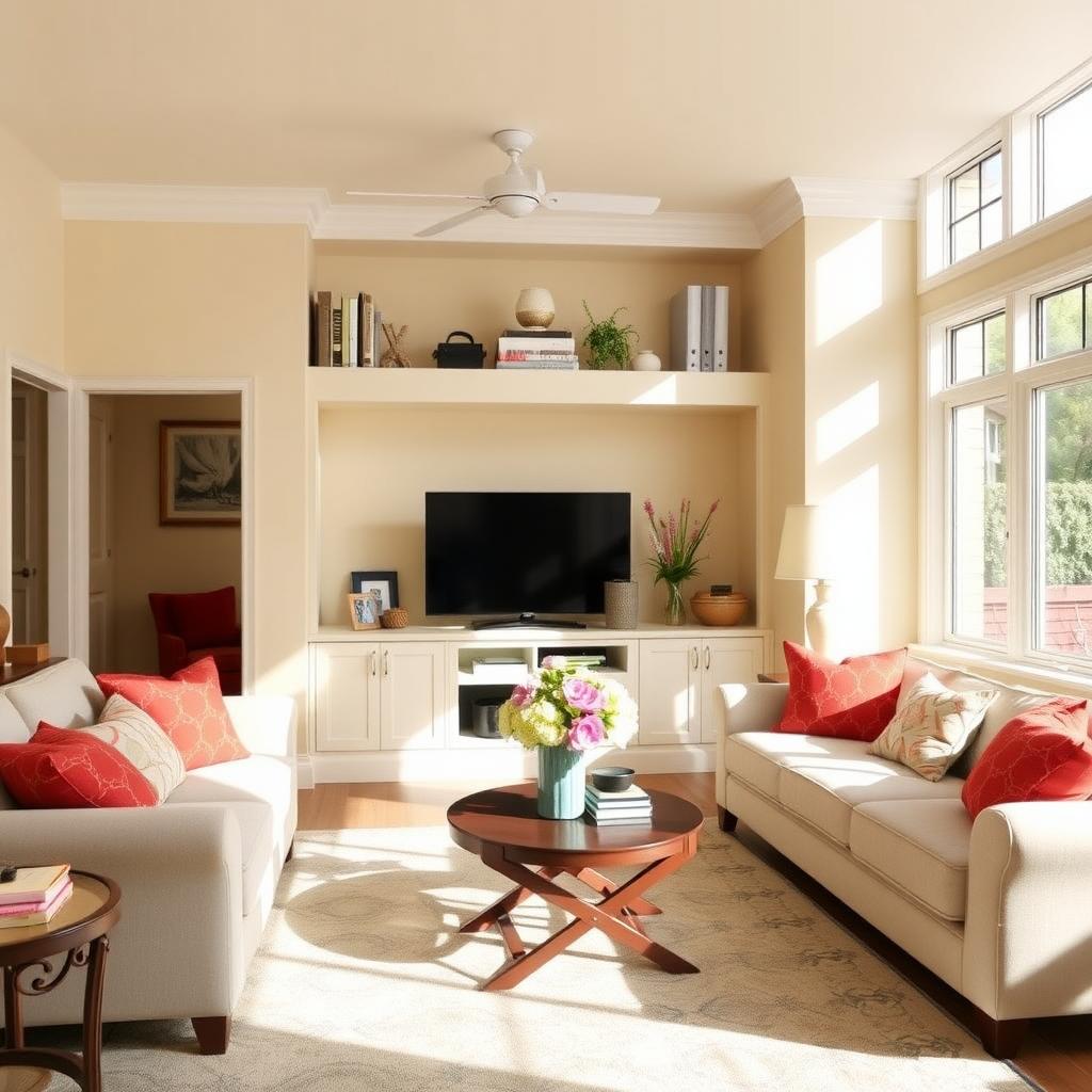 Cozy living room with freshly painted eggshell finish walls and colorful decor.