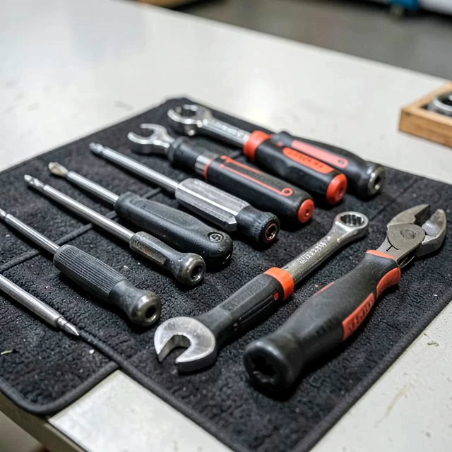 Close-up of essential screwdrivers and wrenches for home mechanics