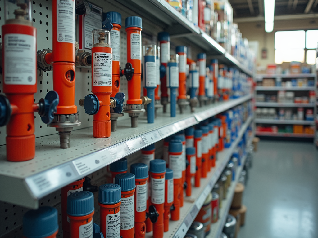 Plumbing tools displayed in a hardware store.