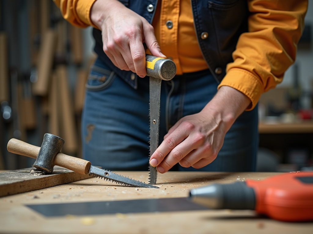 Construction worker inspecting tools for safety