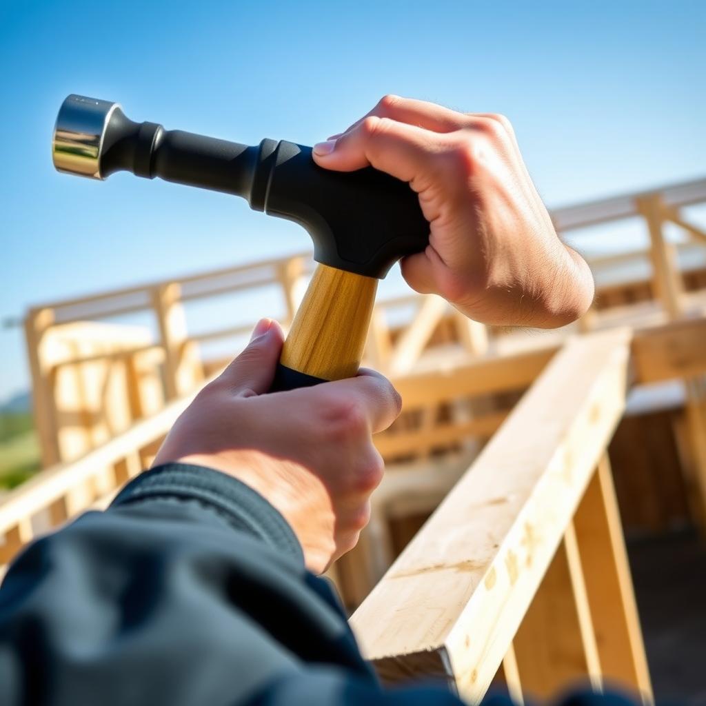 Construction worker using an ergonomic hammer to drive a nail into wood on a construction site.
