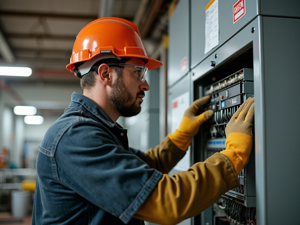 Workman in protective gear working on an electrical panel.