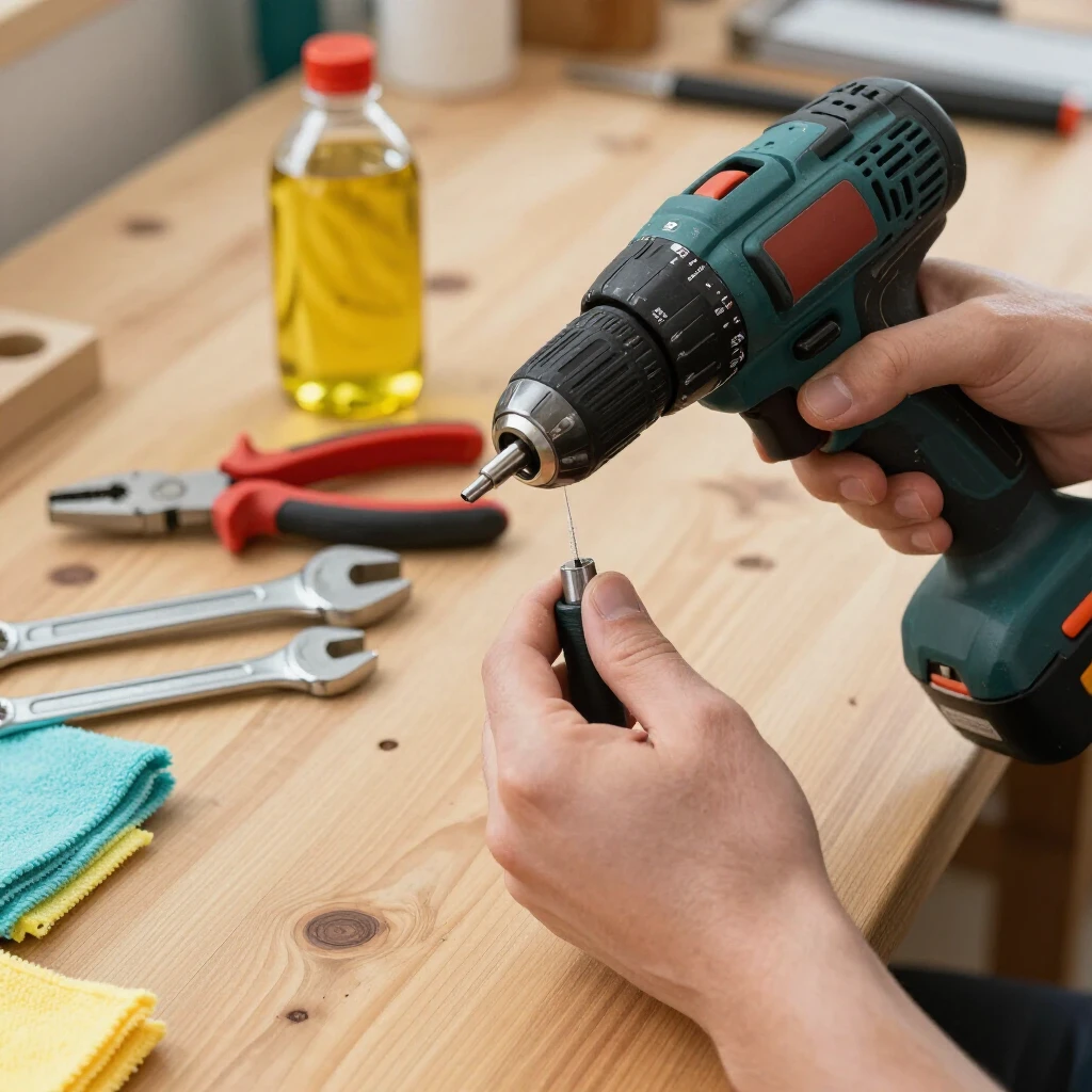 Mechanic cleaning and lubricating power tools on a workbench