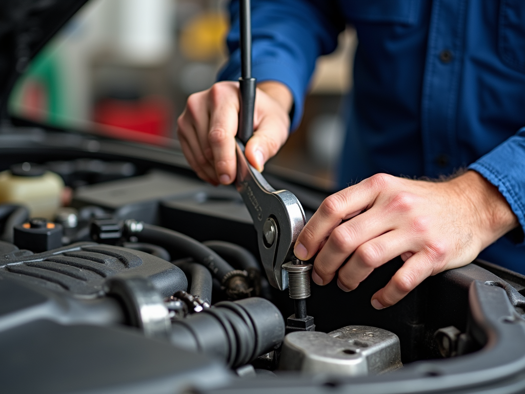 A mechanic working on a car engine with various workman tools.
