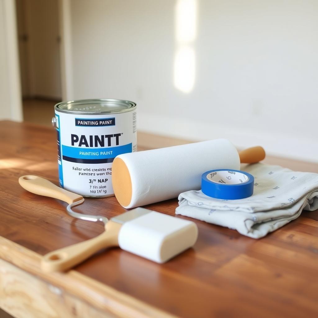 Painting tools including paint can, roller, brush, and tape on a table in an empty room