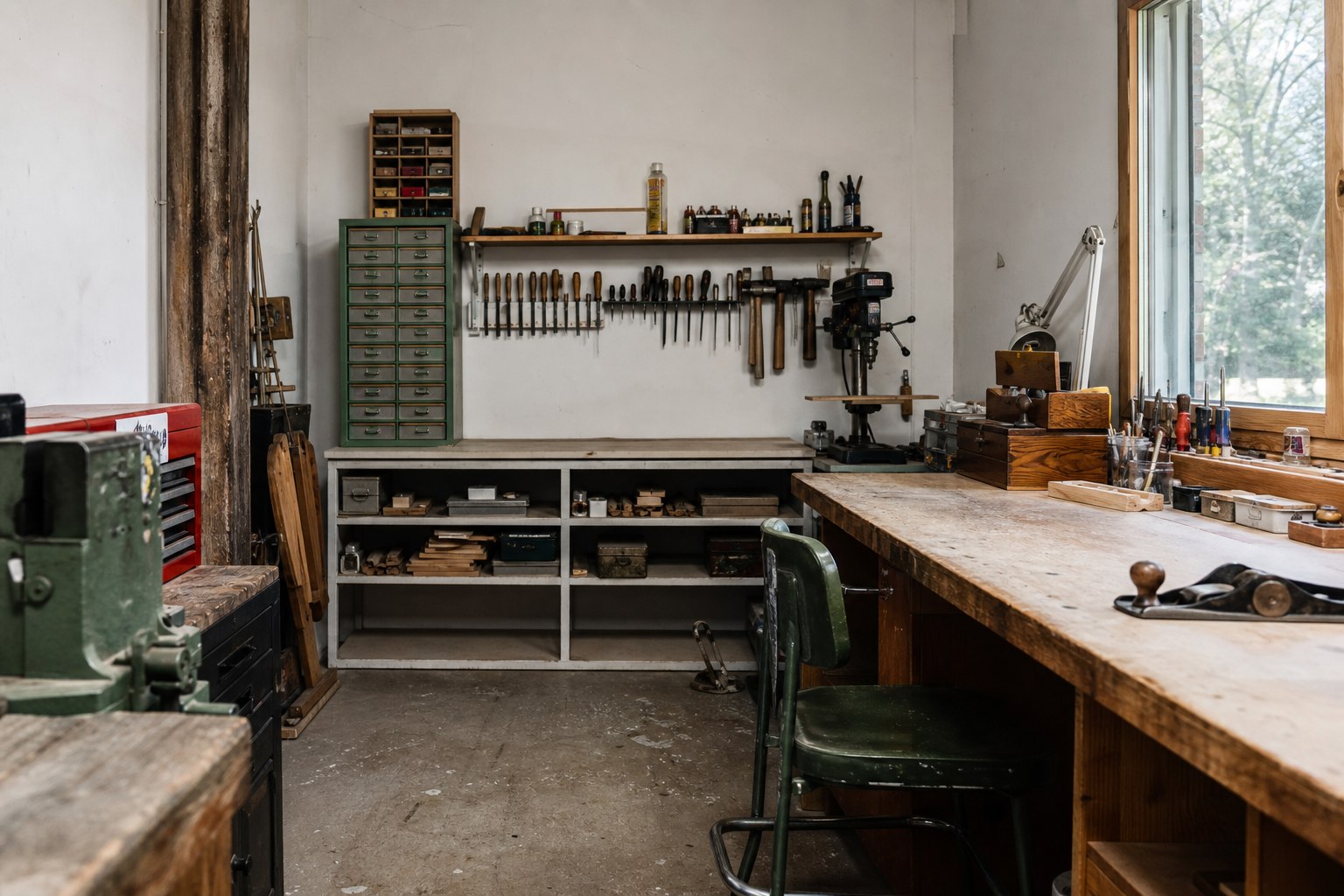 Organized small workshop with workbench and tool storage