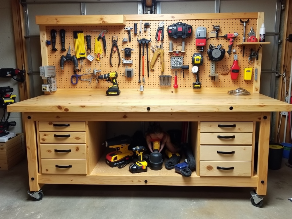A well-organized wooden workbench with tools neatly arranged.