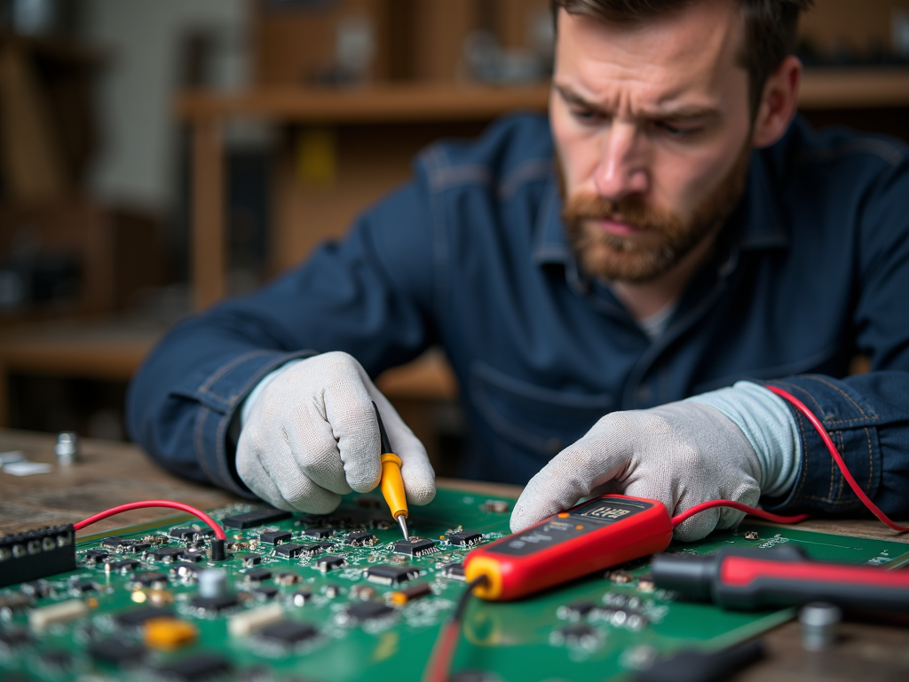 Electrician using a multimeter on a circuit board