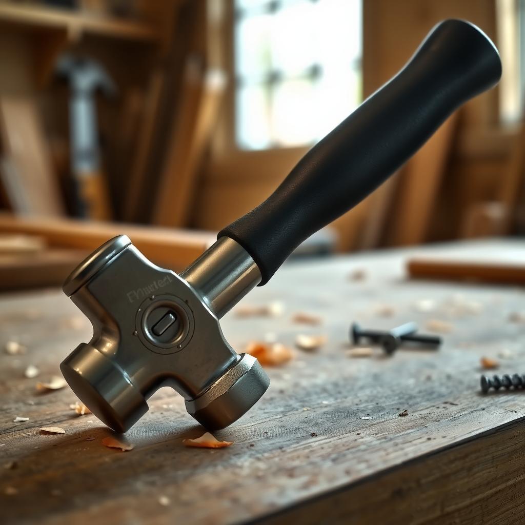 A claw hammer with a steel head and rubber grip on a wooden workbench with nails and wood shavings.