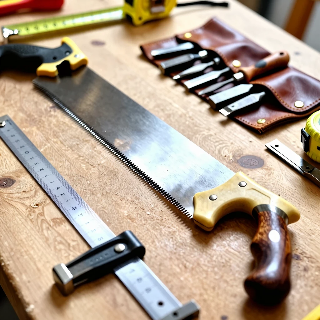 Array of essential hand tools on a workbench