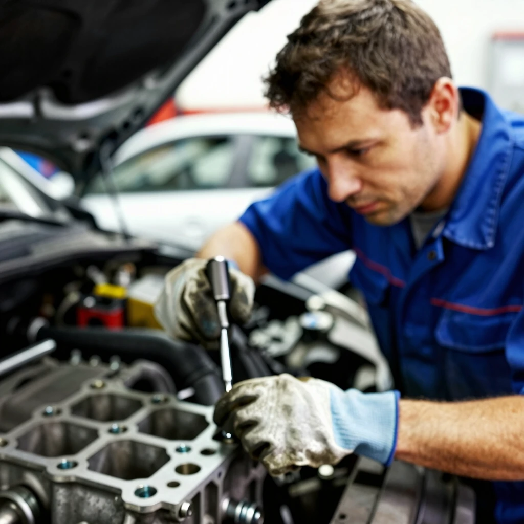 Mechanic using a torque wrench on a car engine