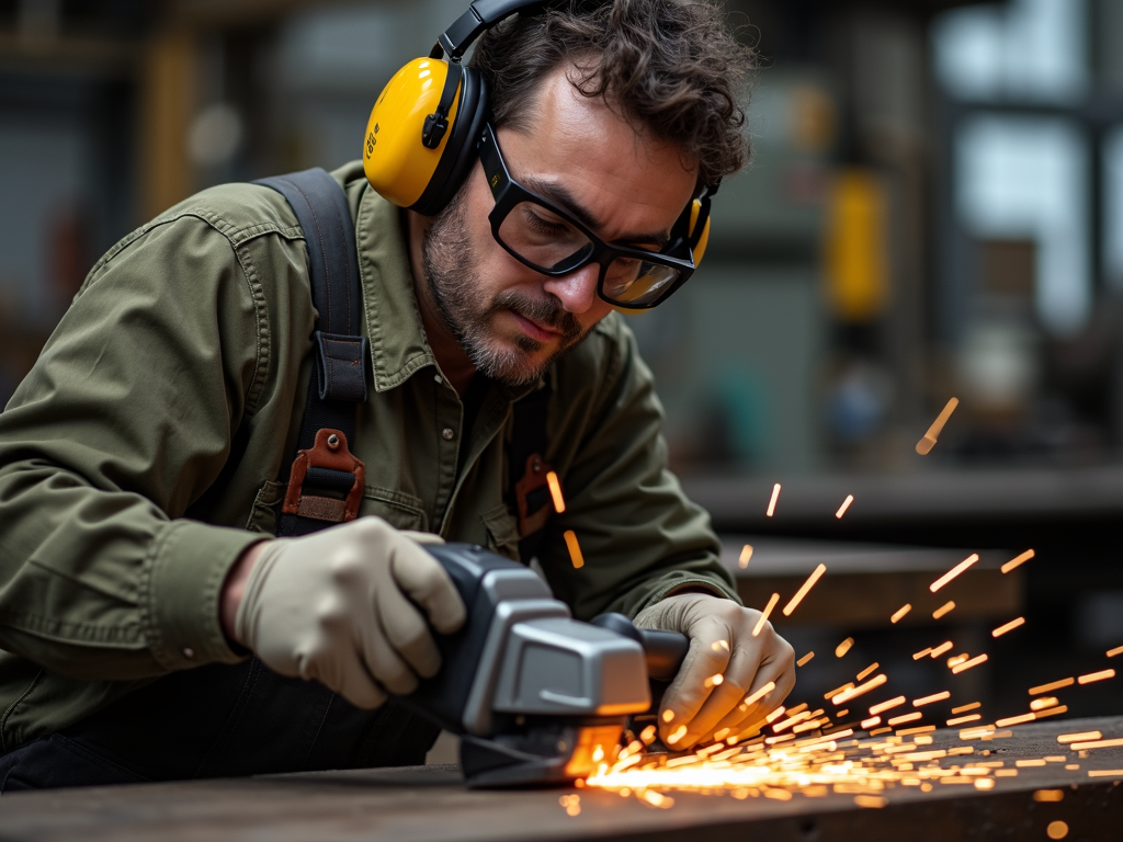 Metalworker in safety gear using a grinder
