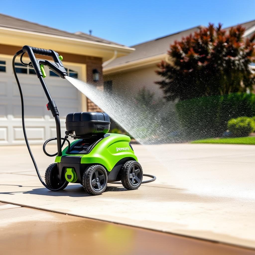 Homeowner cleaning a concrete driveway with a Greenworks GPW3000 electric power washer on a sunny day.
