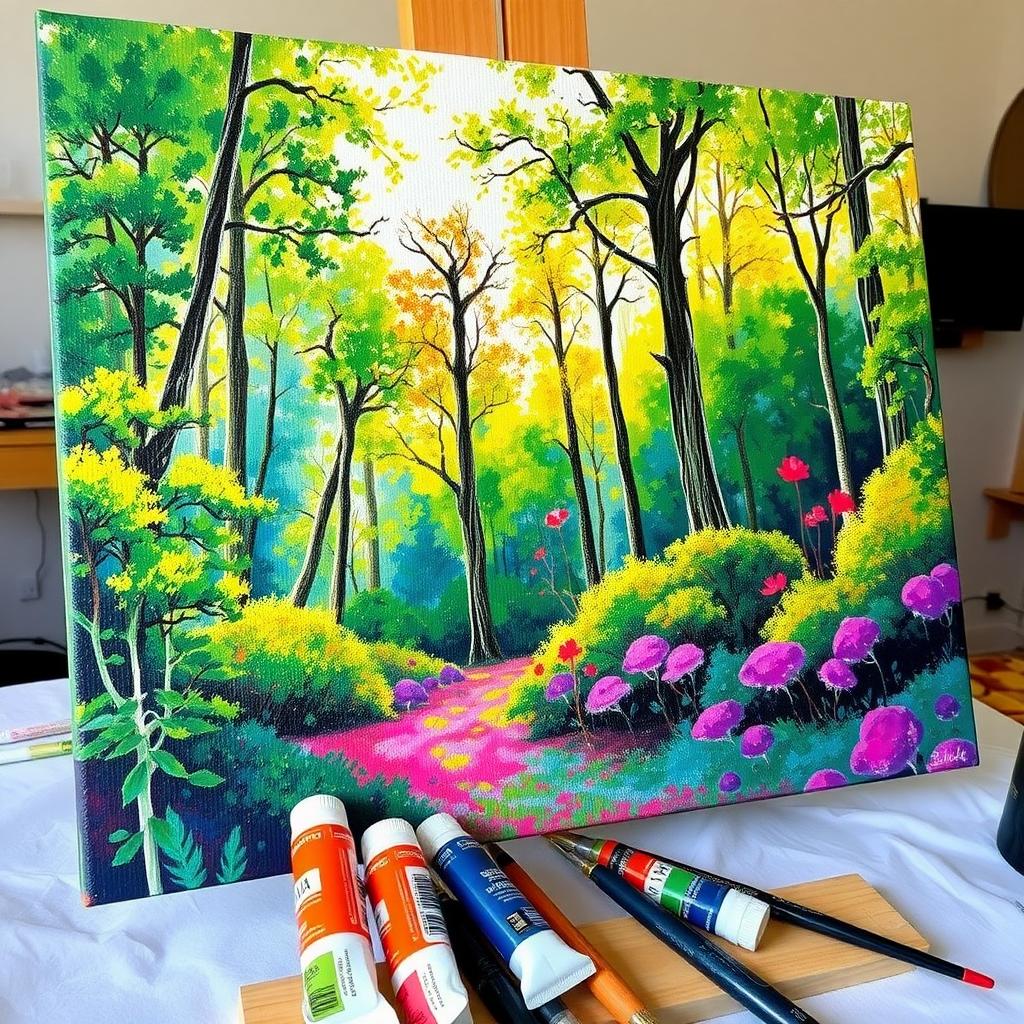 Acrylic painting of a forest with stippling and glazing techniques on a canvas.