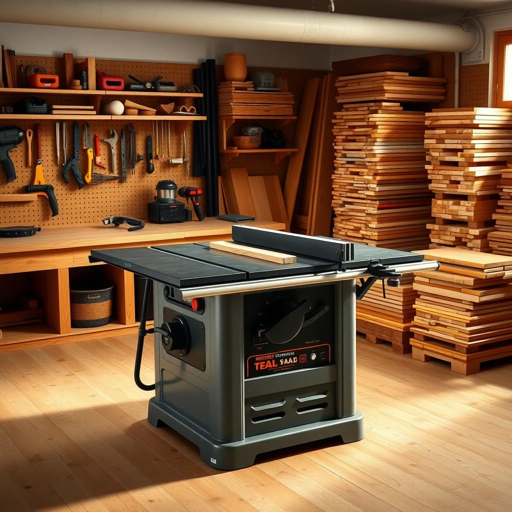 Modern woodworking workshop with a hybrid table saw, organized tools, and hardwood boards.