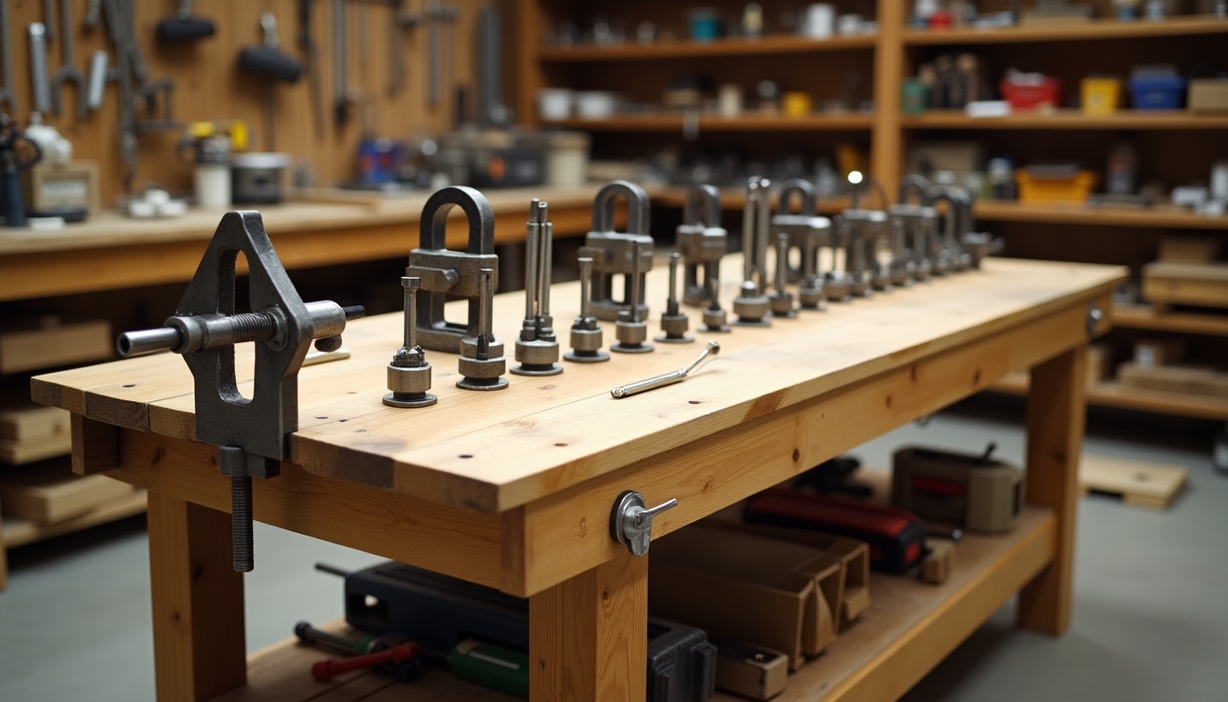 Wooden workbench with organized tools