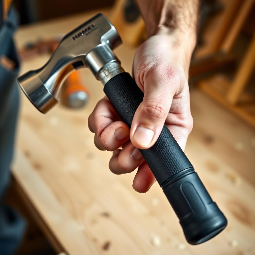 Worker holding an ergonomic hammer with a cushioned handle on a wooden workbench