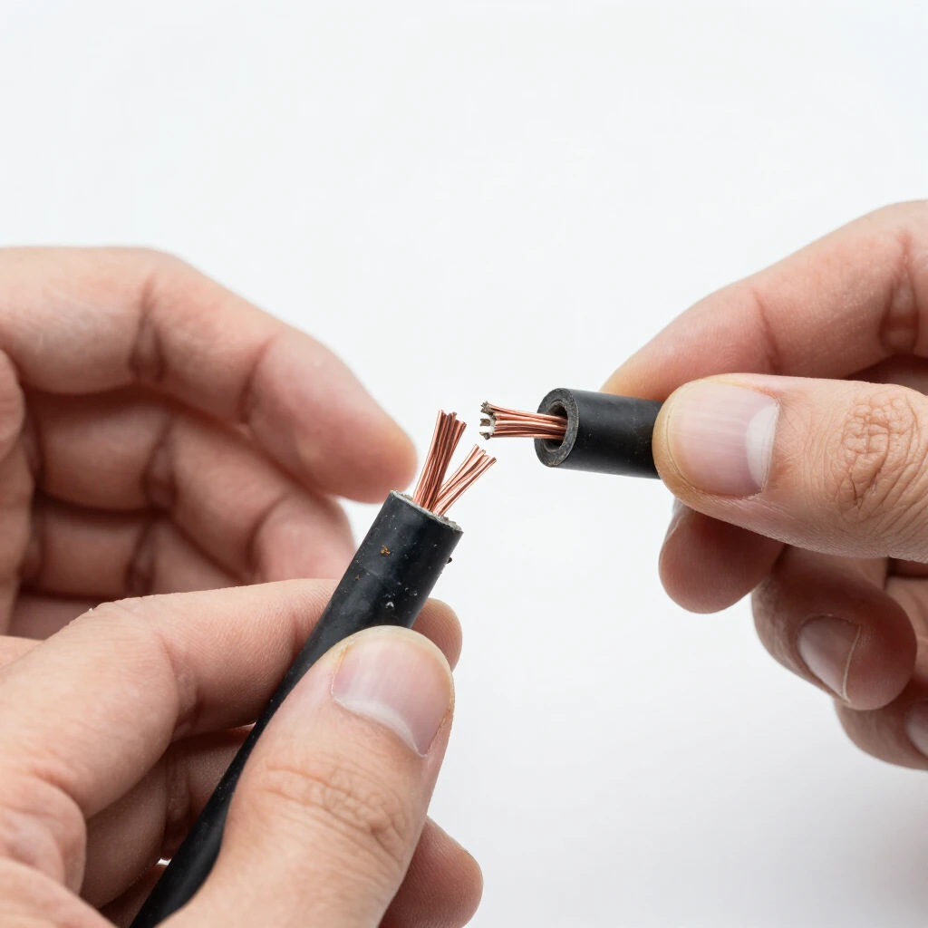 Damaged electrical cord with frayed wires and cracked insulation