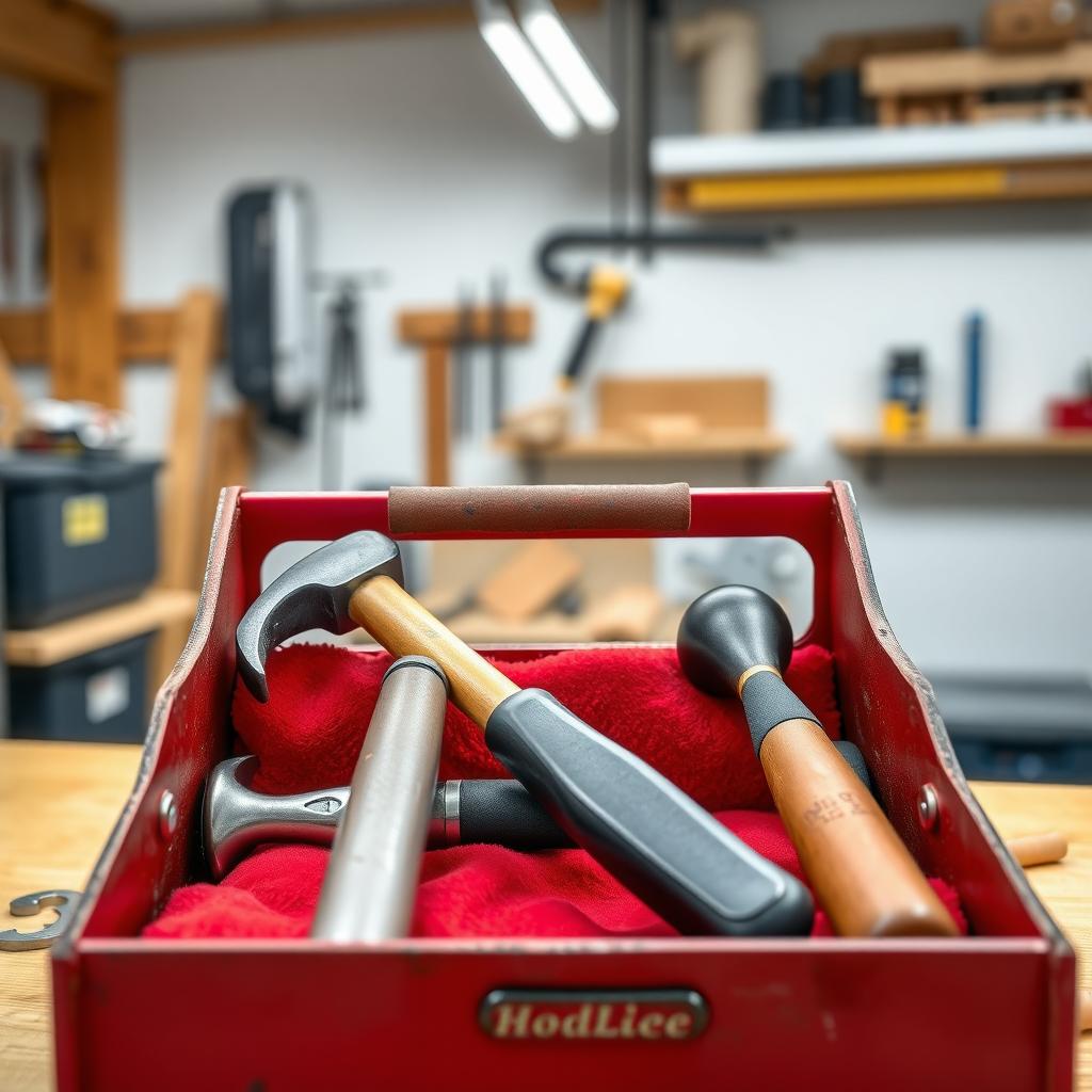 Organized toolbox with a claw hammer, rubber mallet, and ball peen hammer on a workbench.