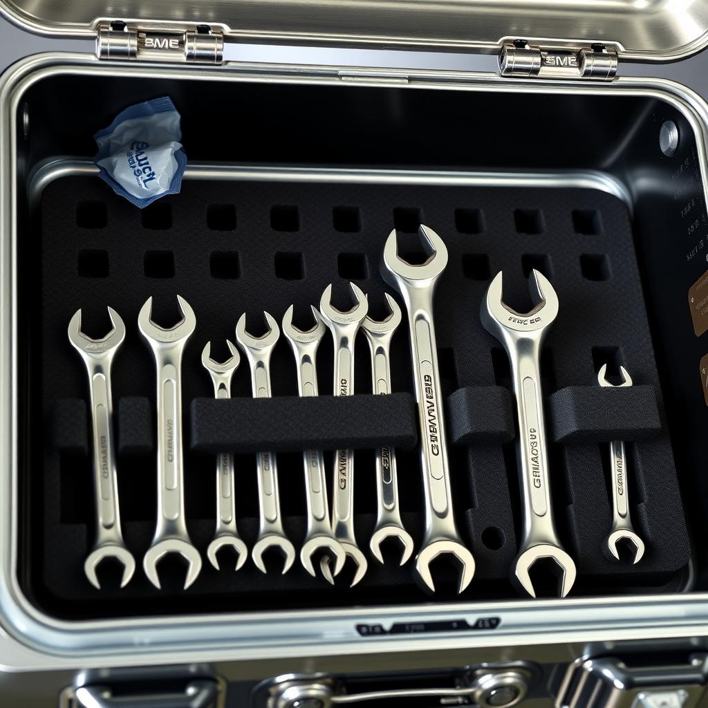 A mechanic’s toolbox with a foam organizer holding a set of polished wrenches.