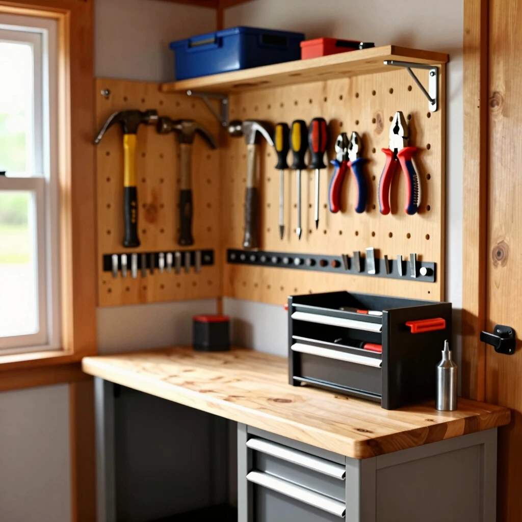 Compact garage workbench with organized tools on pegboard and magnetic strips