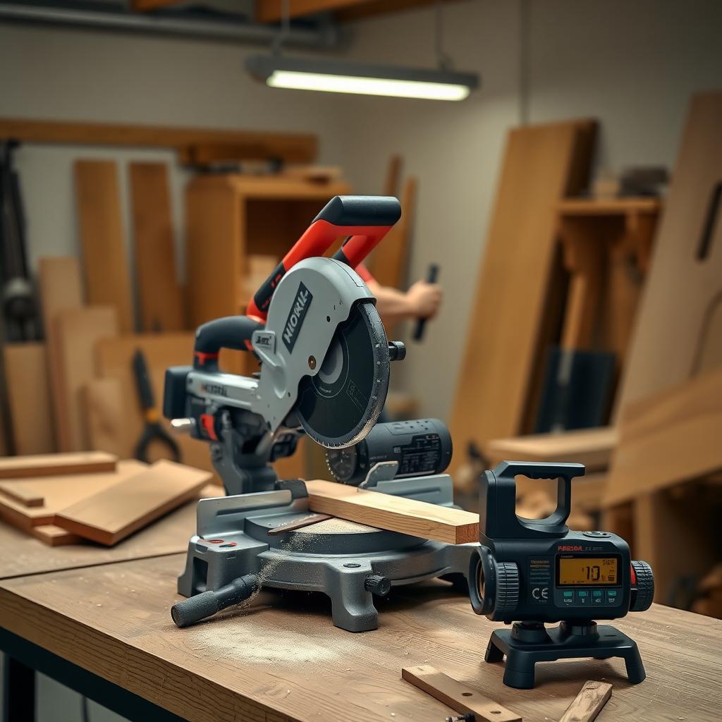 Craftsman operating a miter saw to cut hardwood in a workshop.