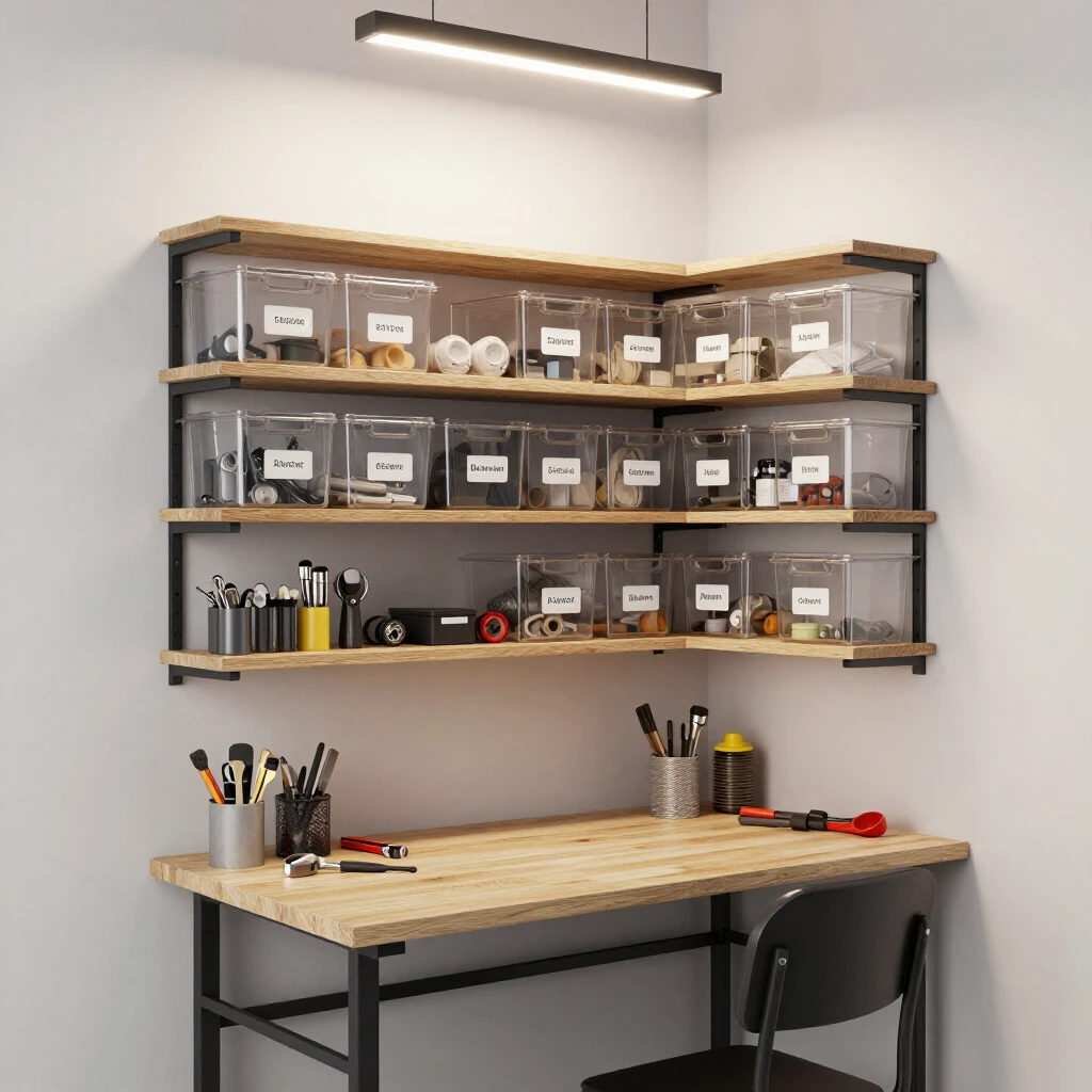 Vertical storage in compact workspace