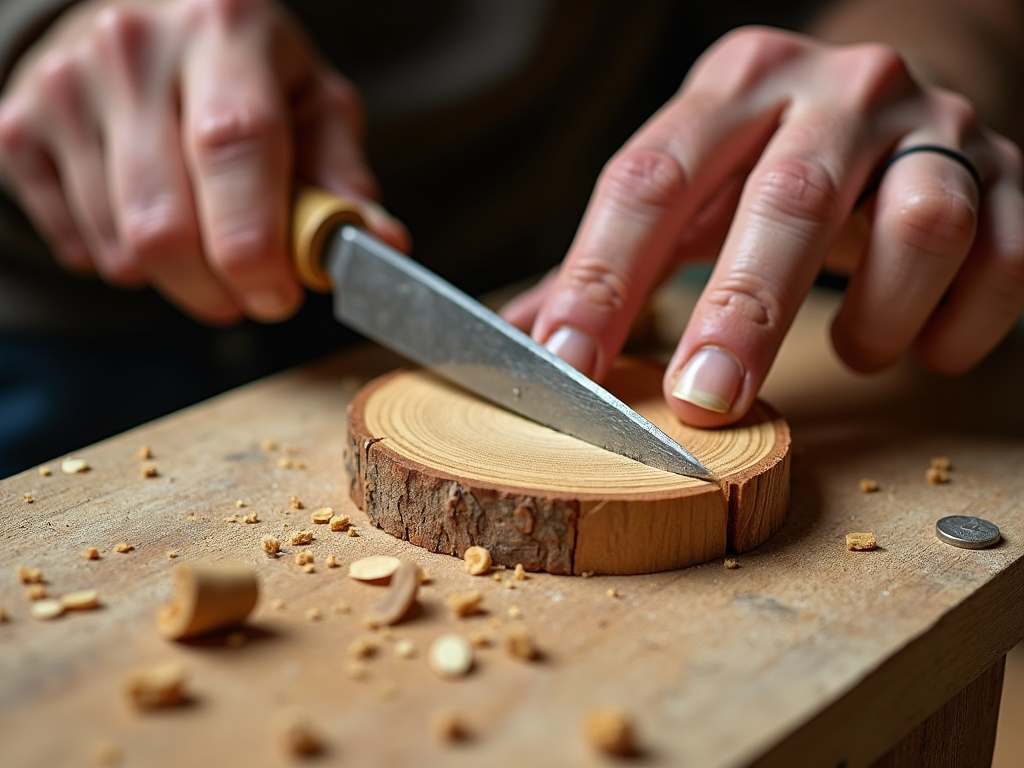 Woodworker carving oak with a chisel