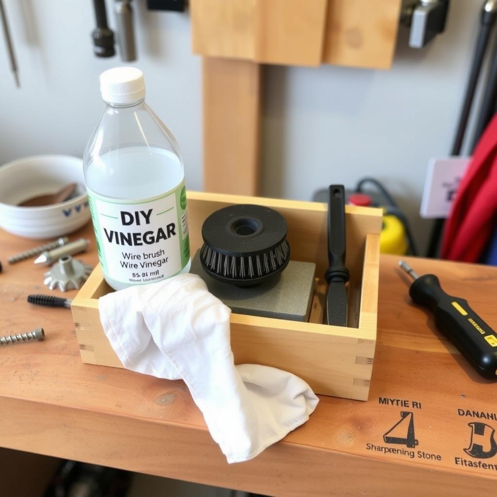 DIY tool cleaning station with a wire brush, vinegar, sharpening stone, and rag on a workbench, next to a screwdriver and chisel.