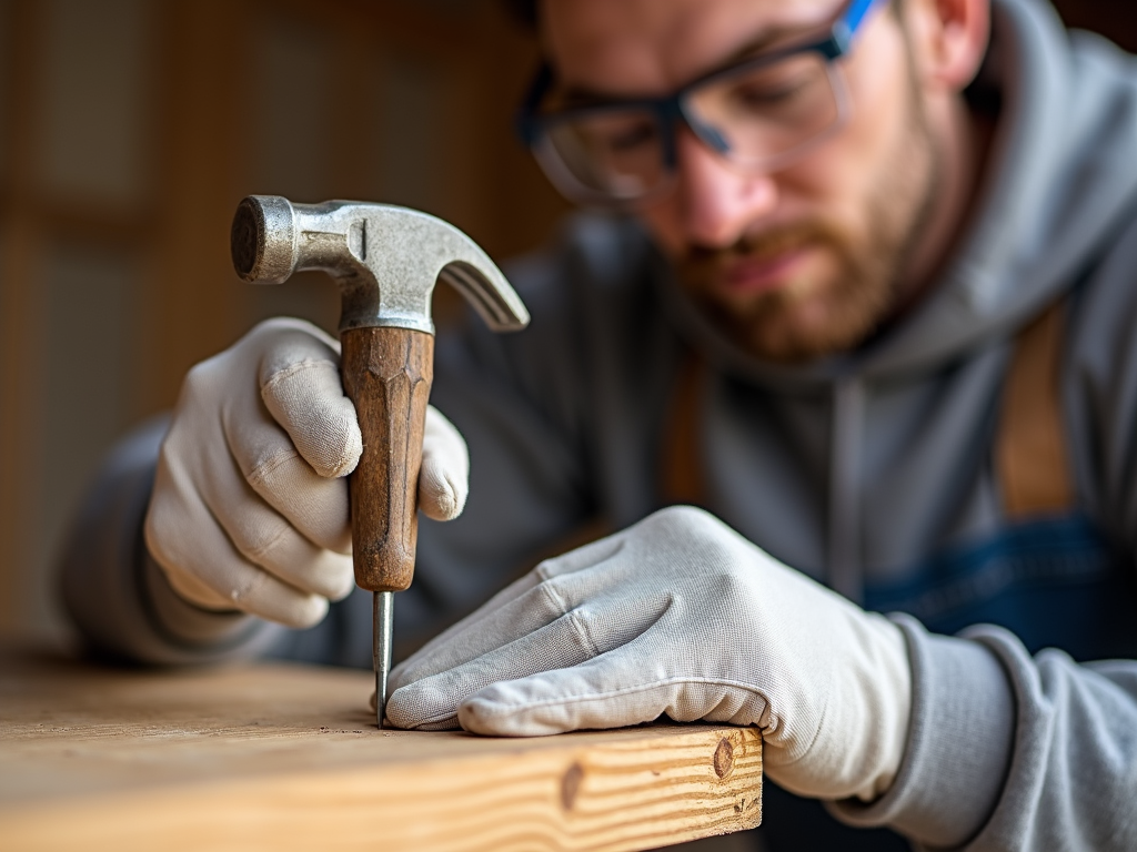 Safely using a hammer with proper safety gear.