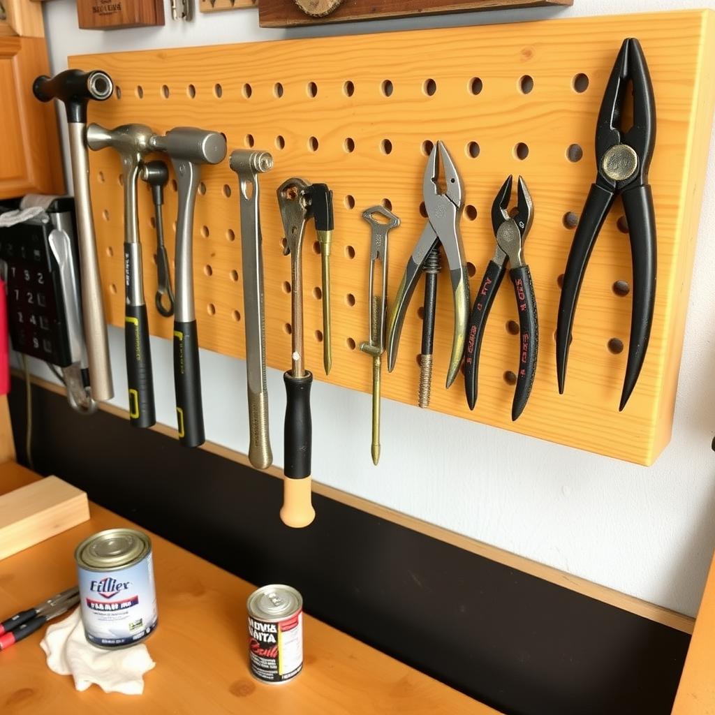Neatly arranged hand tools on a pegboard in a clean workspace.