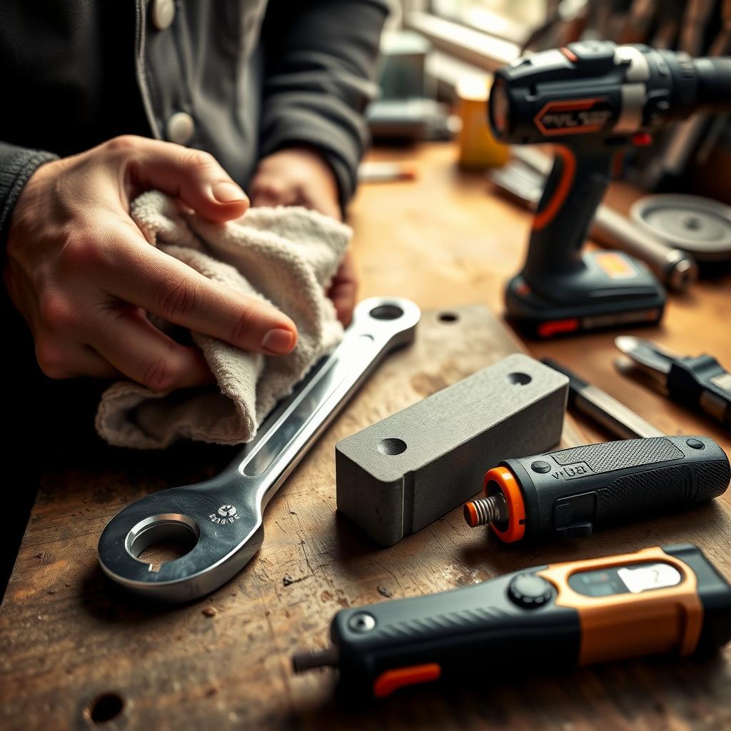 A close-up of a workbench where a workman cleans a chrome wrench, sharpens a utility knife, and maintains a cordless drill under warm workshop lighting.