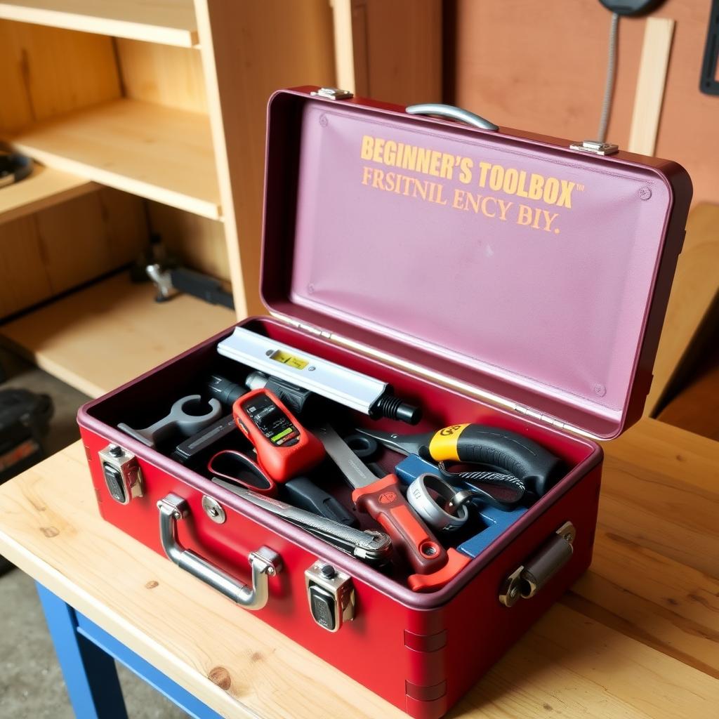Open red metal toolbox with level, utility knife, and safety glasses on a workbench.