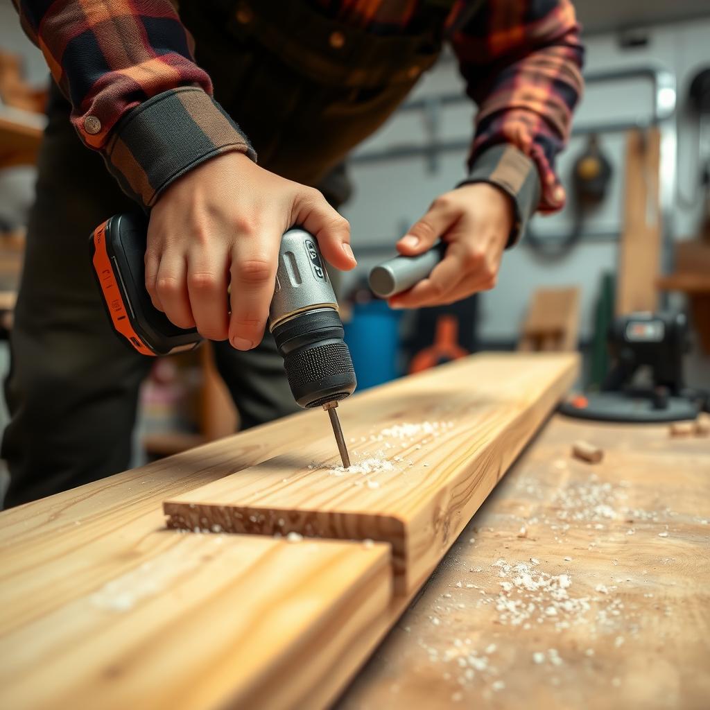 A beginner woodworker drilling into a wooden plank with a cordless drill in a brightly lit garage workshop, with sawdust visible.