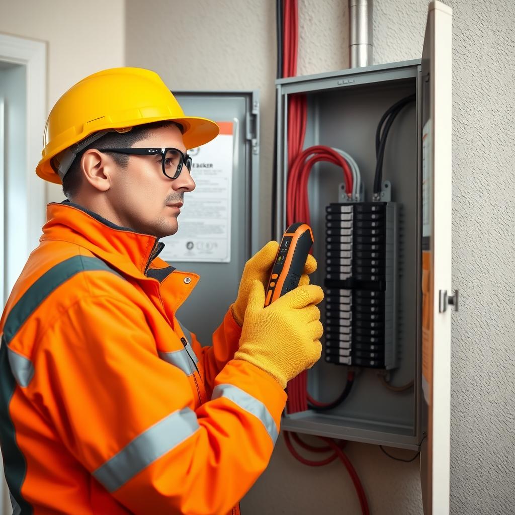 Electrician in PPE using a circuit tracer at a residential panel