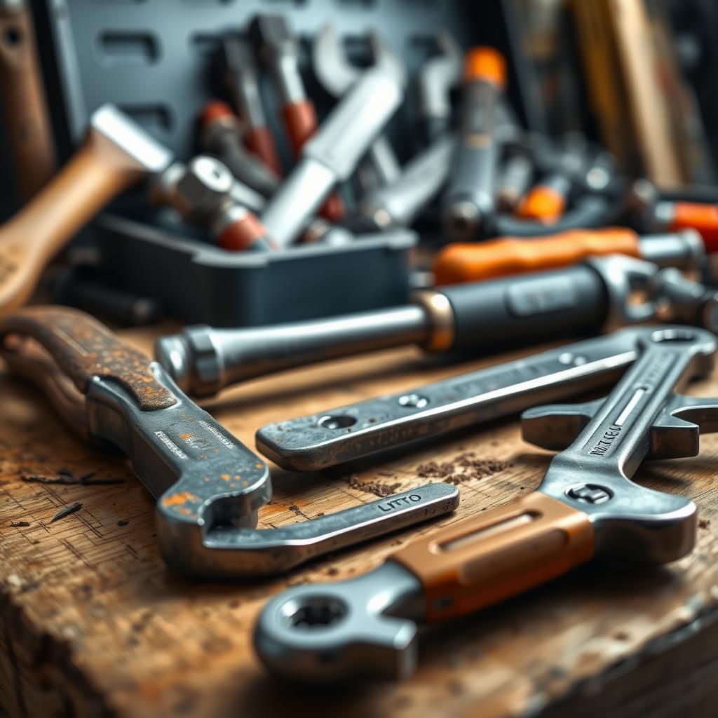 Clean, organized workbench with well-maintained hammer, screwdriver, and wrench