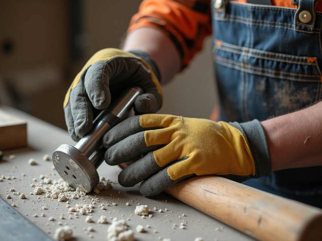 A worker cleaning a hammer with a cloth.