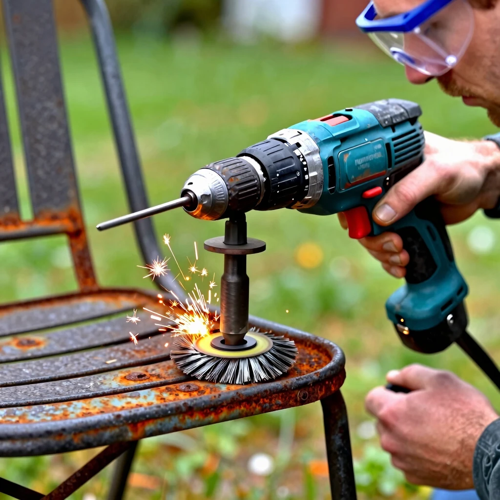 Power drill with wire brush removing rust from metal furniture