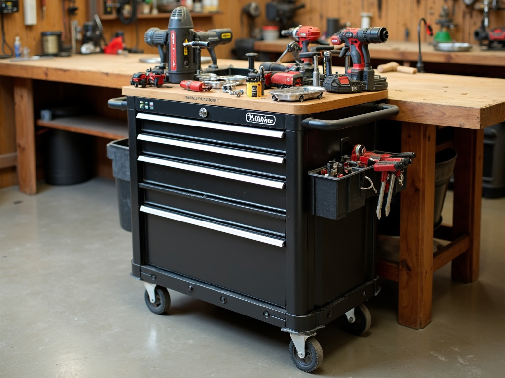 Rolling tool cart with organized compartments in a workshop