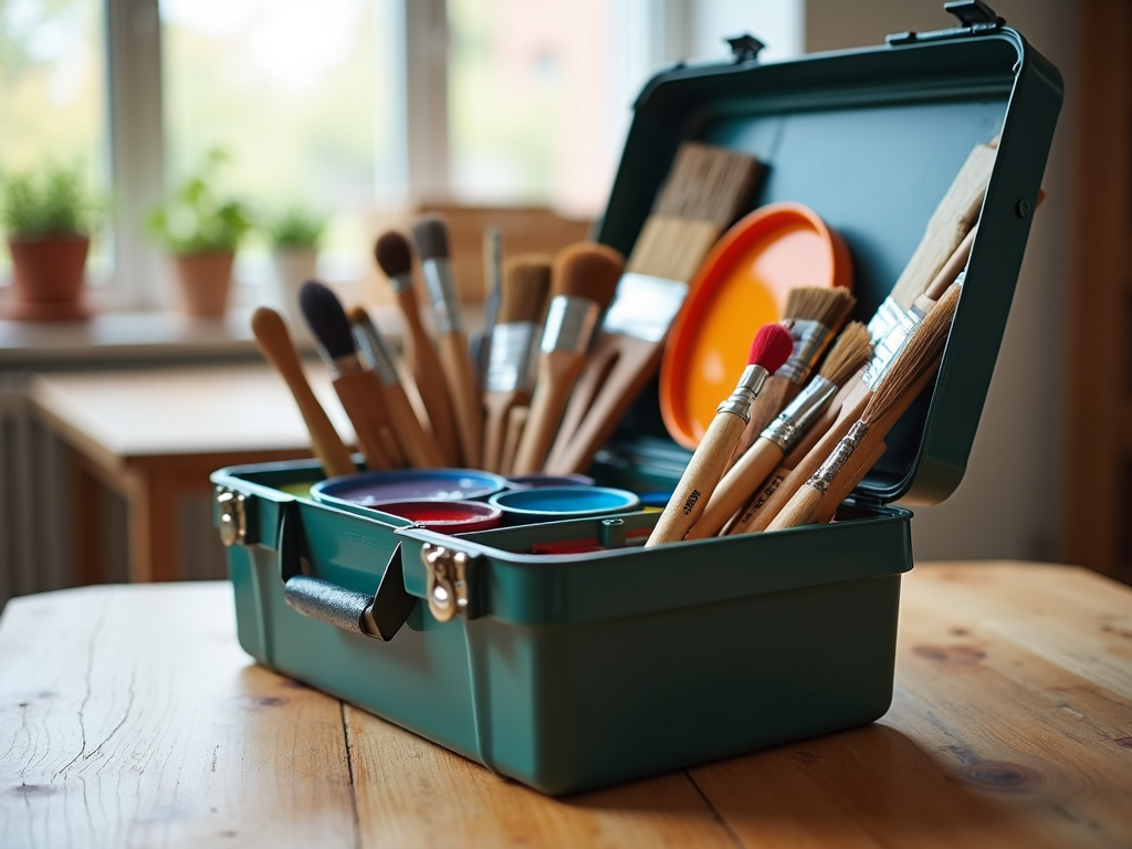 A well-organized painter's toolbox with brushes, rollers, and paint trays neatly arranged in compartments.