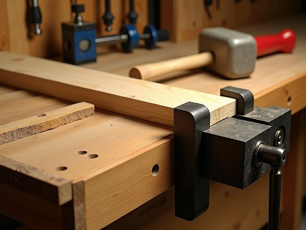 Woodworking workbench with vise and tools