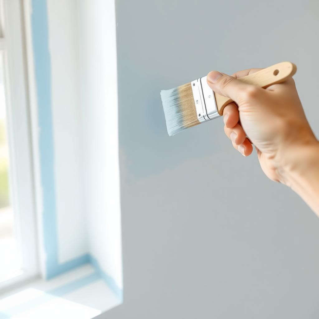 Hand painting a wall blue with painter’s tape and drop cloth in a well-lit room
