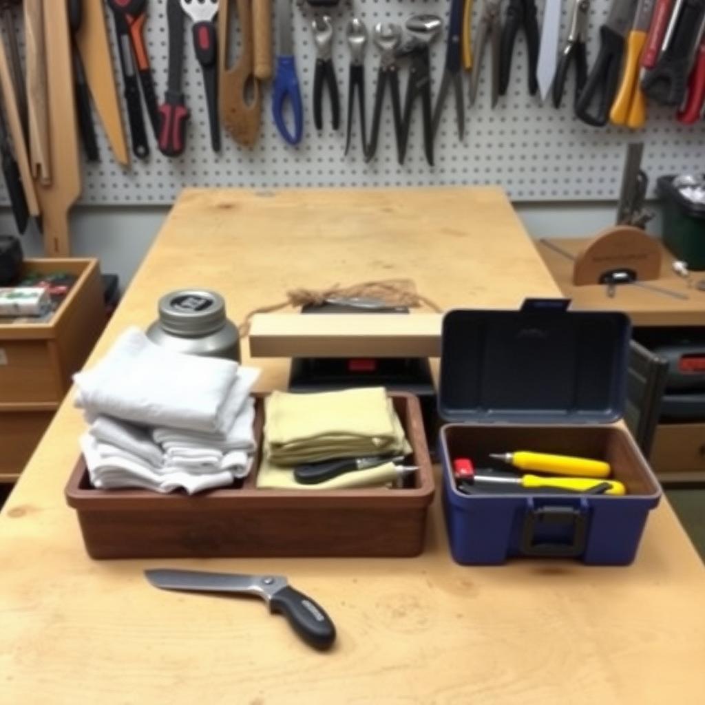 Workbench with tool maintenance kit and organized workshop background