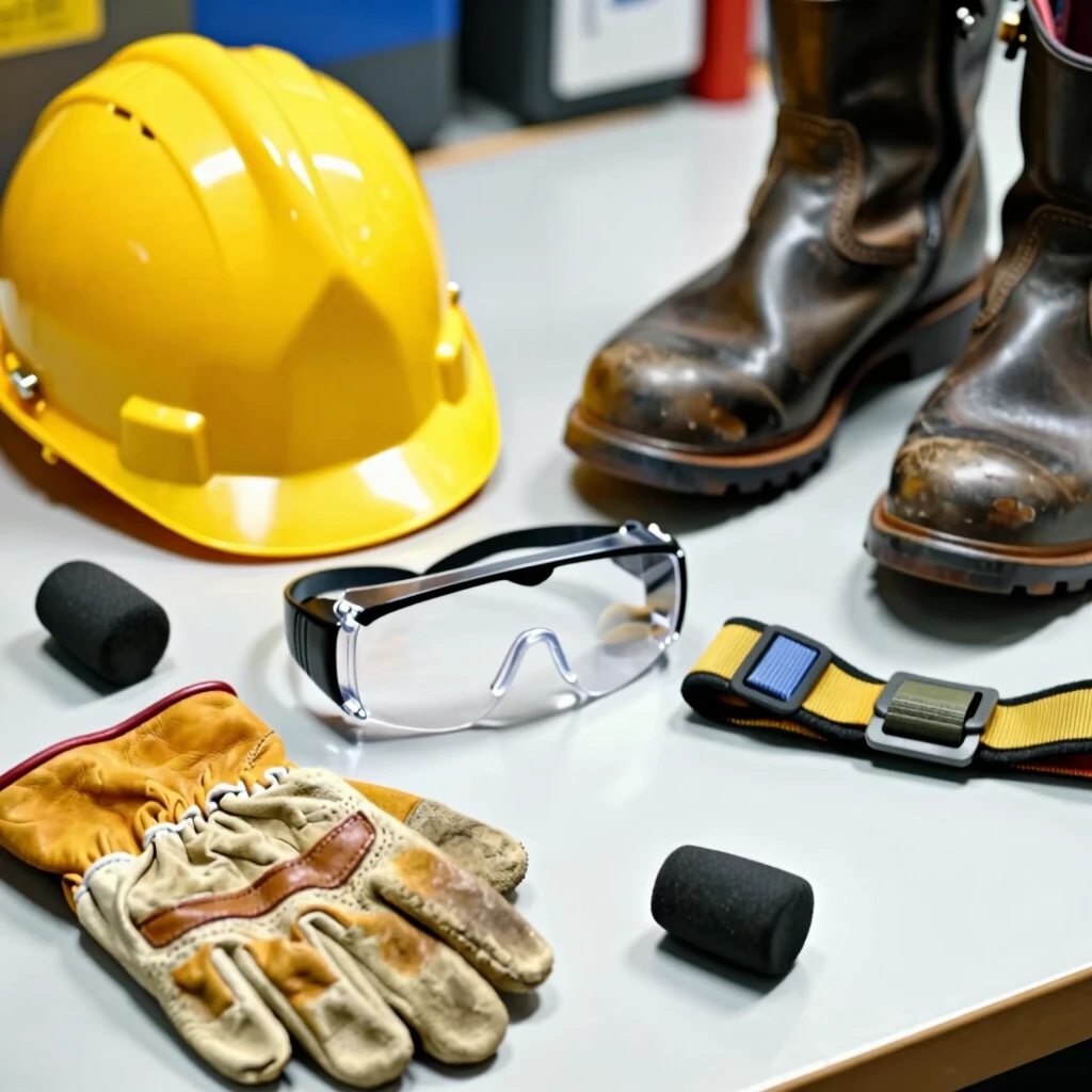 Assortment of essential personal protective equipment on workbench