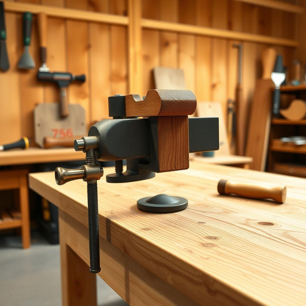 A woodworking workbench with a mounted vice holding oak wood, surrounded by neatly arranged tools in a bright workshop.