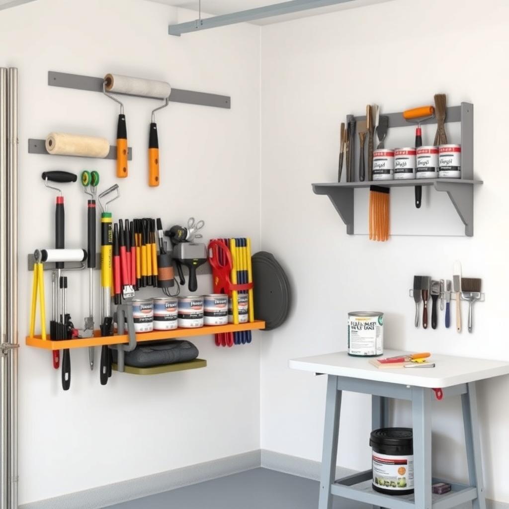 A painter’s garage corner with wall-mounted racks for rollers and brushes, labeled paint cans on a shelf, and an organized workbench.