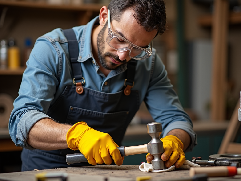 Craftsman cleaning a hammer with safety gear