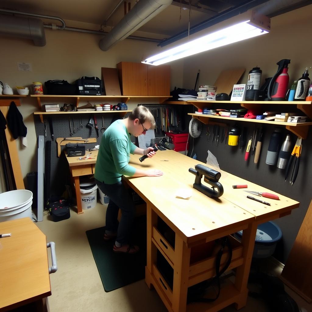 Person working in an ergonomic home workshop with a raised workbench and anti-fatigue mat.