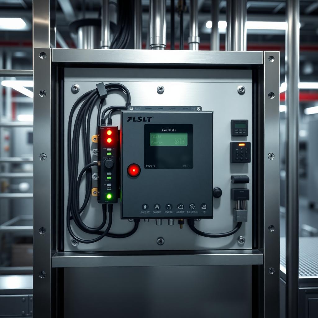 Modern programmable logic controller (PLC) in an industrial control panel with glowing LED indicators.