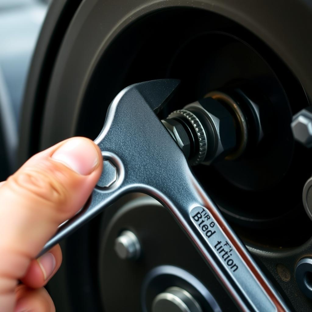 Using an adjustable wrench to tighten a bolt.
